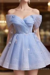Blue Fairy Off the Shoulder Lace Short Homecoming Dresses